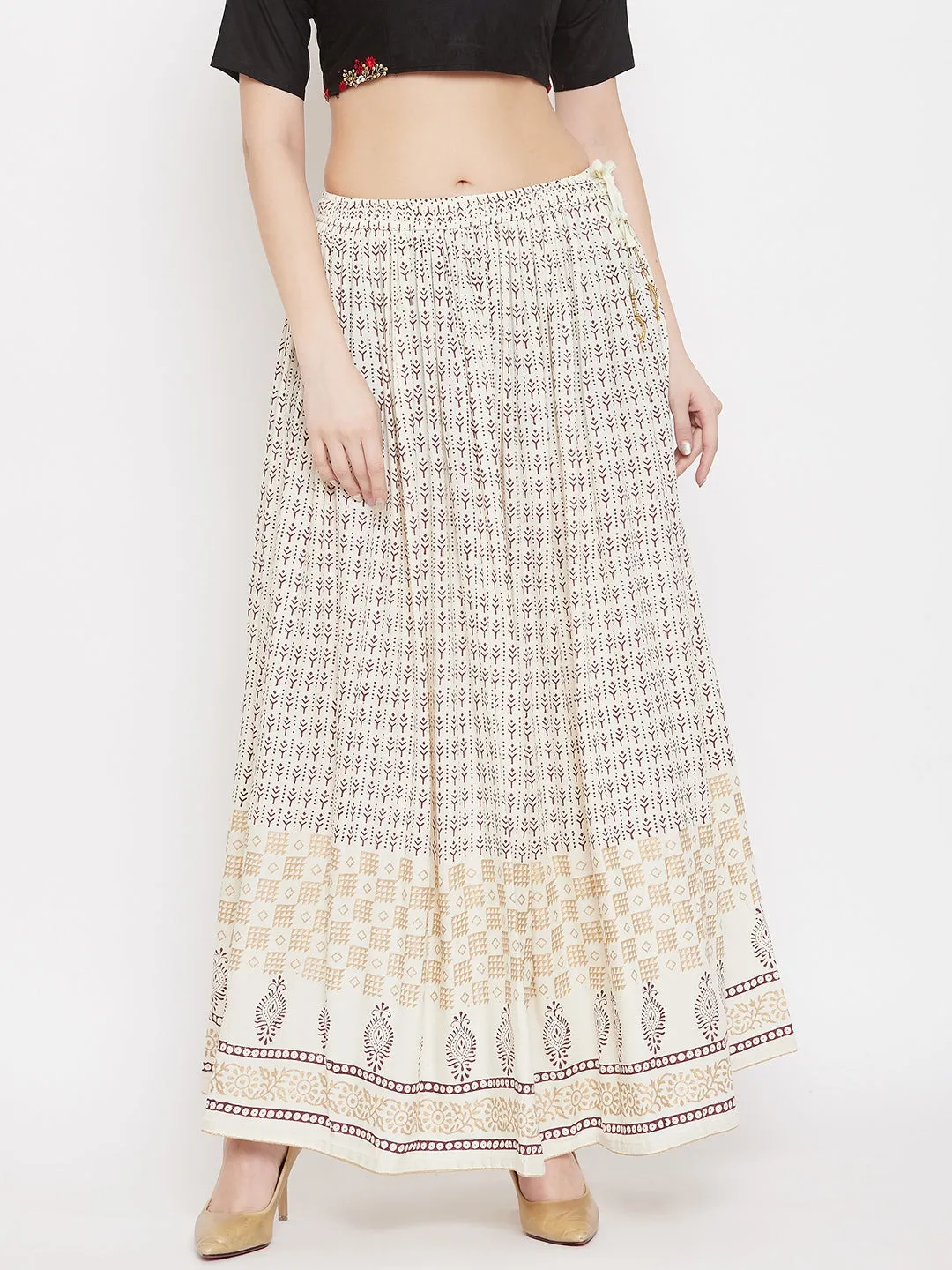 Women'S Cream Printed Rayon Skirt