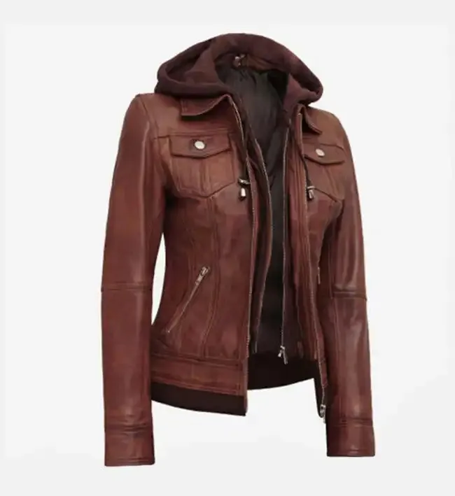 Women's Dark Brown Leather Jacket With Removable Hood