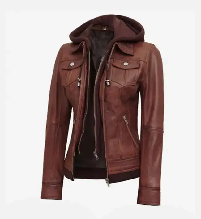 Women's Dark Brown Leather Jacket With Removable Hood