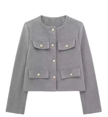 Women's Long Sleeve Round Neck Tweed Jacket