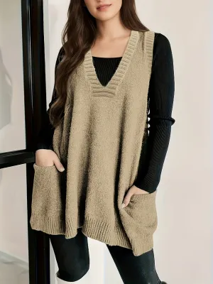 Women's Plus Size Solid Knit V-Neck Sleeveless Sweater Vest - Perfect for Fall & Winter Layering