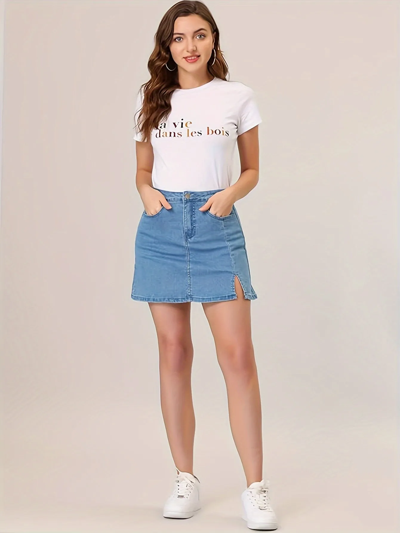 Women's Sexy Denim Skirt, Light Blue Plain, Mini A-Line Cut With Side Slit, Casual Fashion, Versatile Summer Outfit