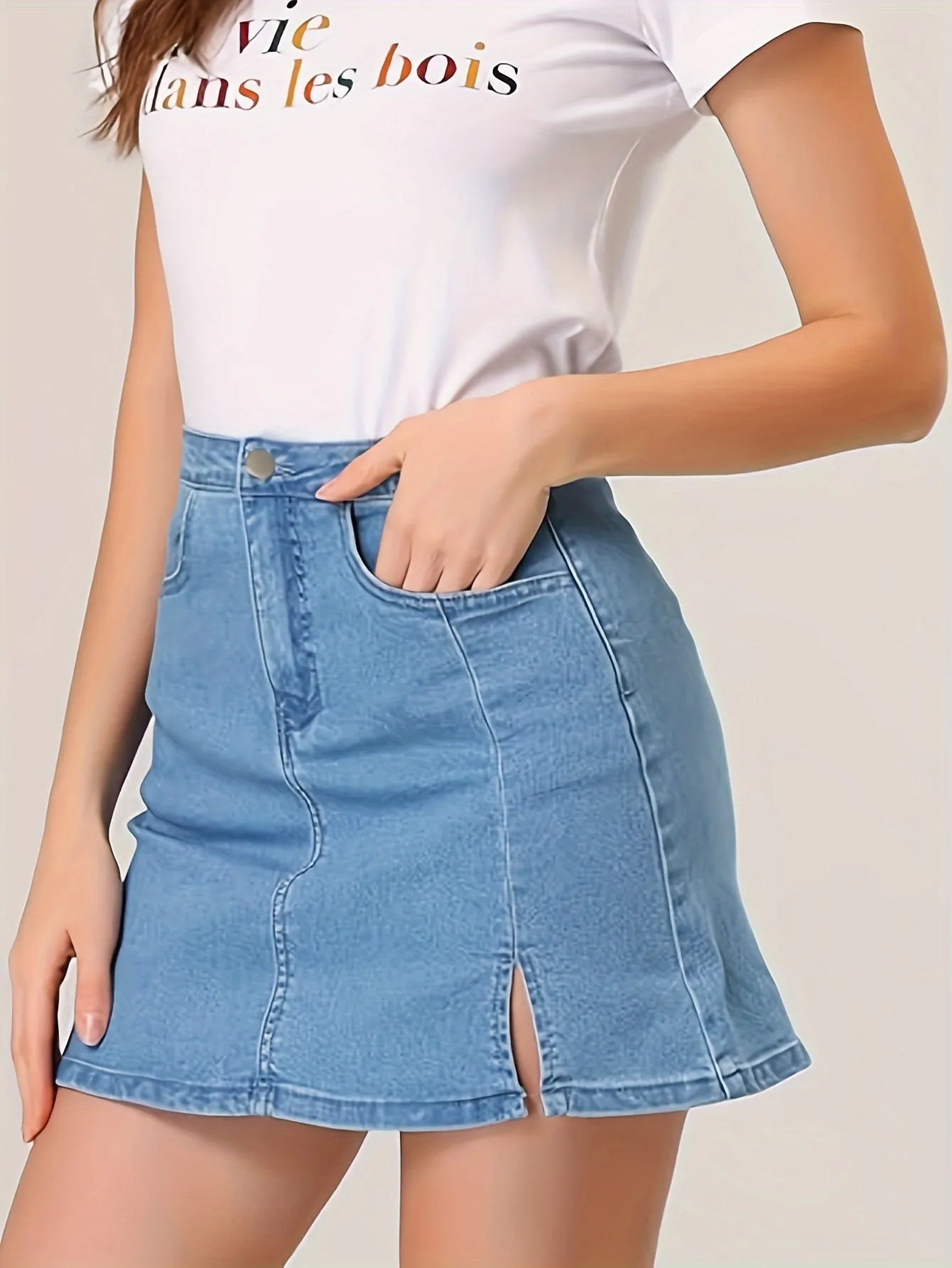 Women's Sexy Denim Skirt, Light Blue Plain, Mini A-Line Cut With Side Slit, Casual Fashion, Versatile Summer Outfit