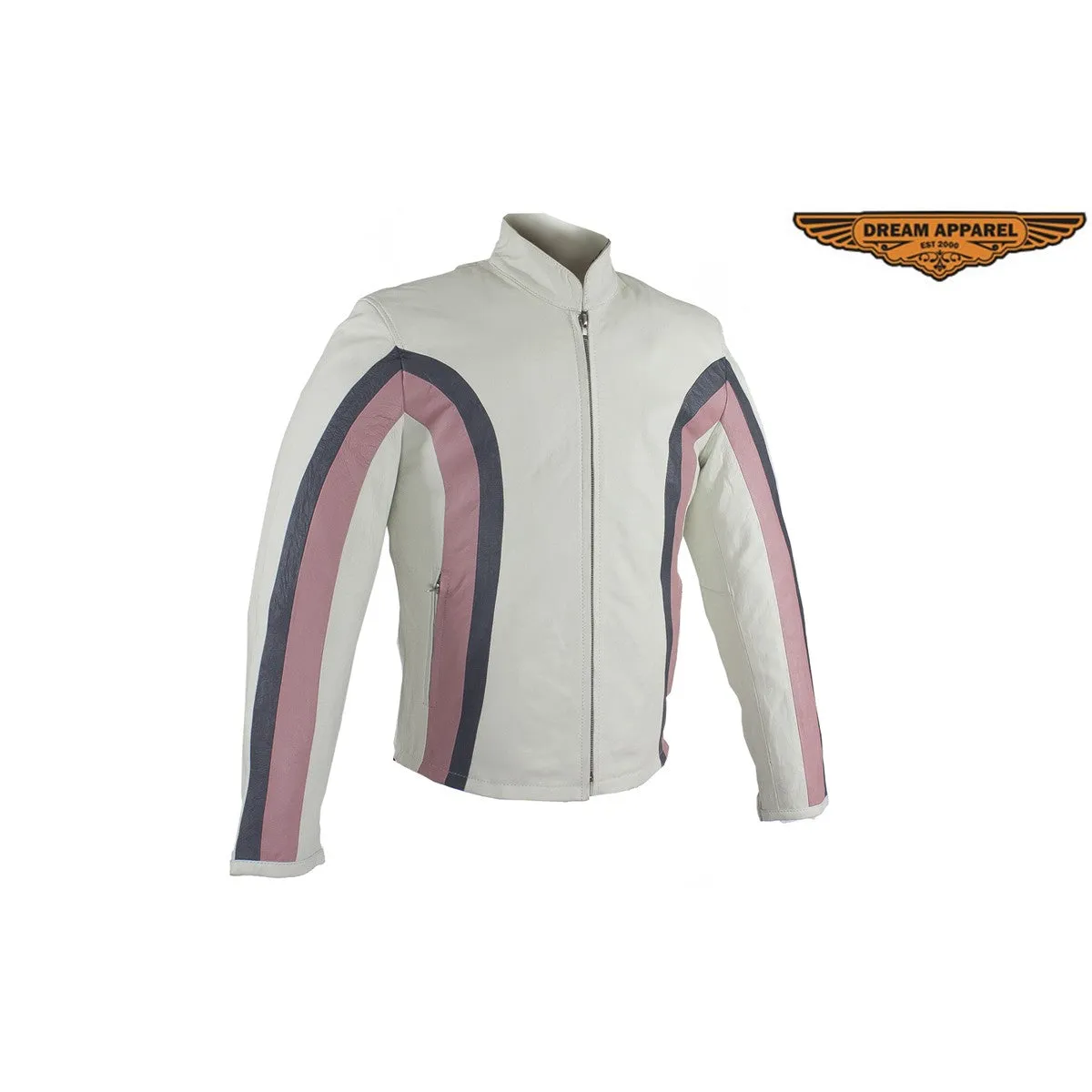 Womens Soft Leather Jacket With Silver & Pink Stripes