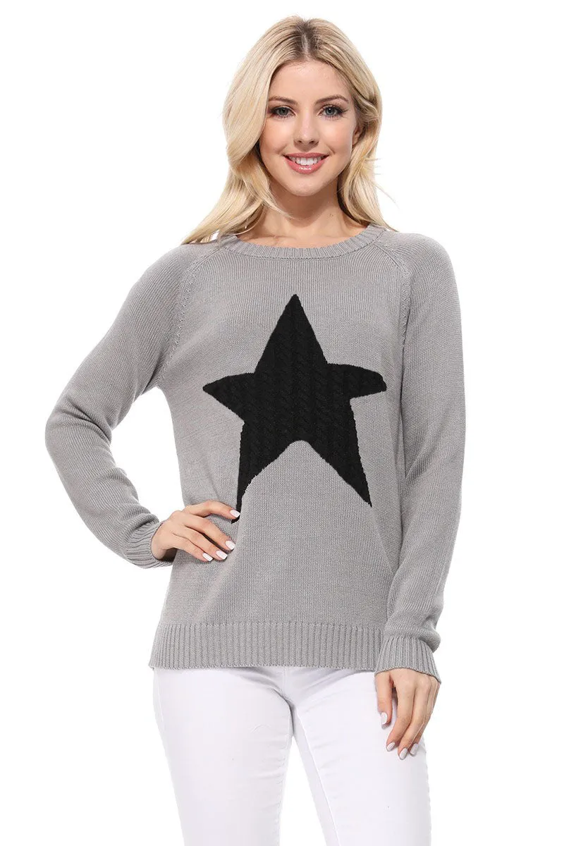 YEMAK Women's Pullover Sweater Long Sleeve Crewneck Cute Star Cable Knit MK3506 STAR (S-L)