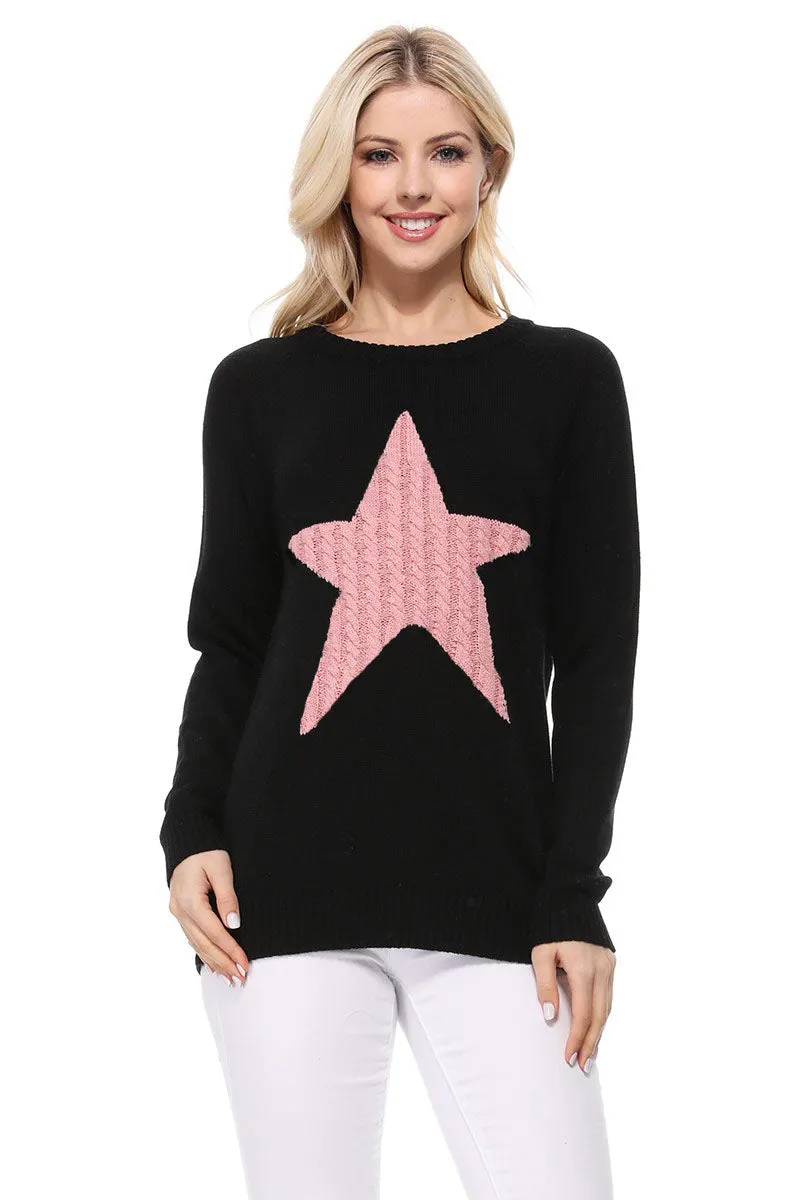 YEMAK Women's Pullover Sweater Long Sleeve Crewneck Cute Star Cable Knit MK3506 STAR (S-L)