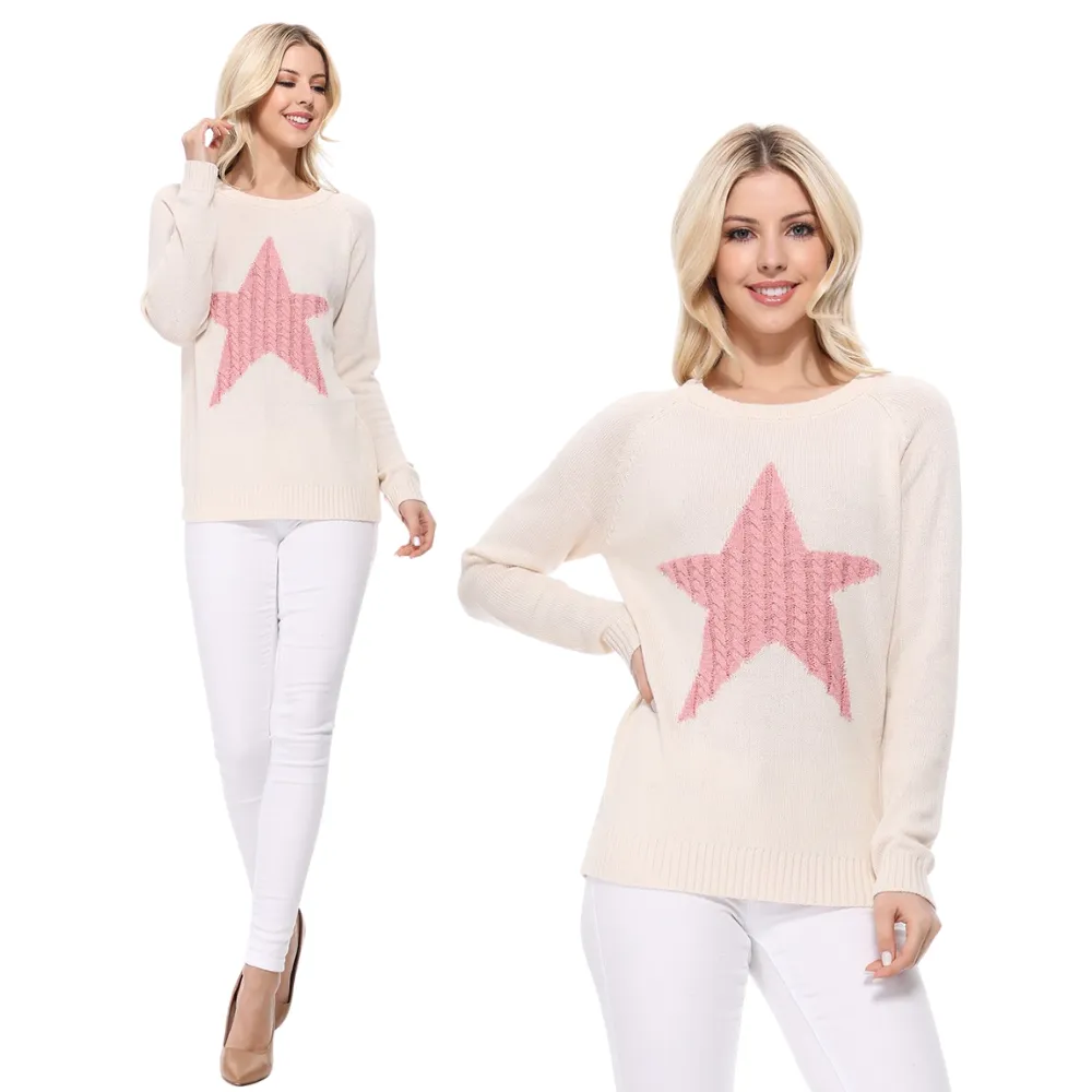 YEMAK Women's Pullover Sweater Long Sleeve Crewneck Cute Star Cable Knit MK3506 STAR (S-L)