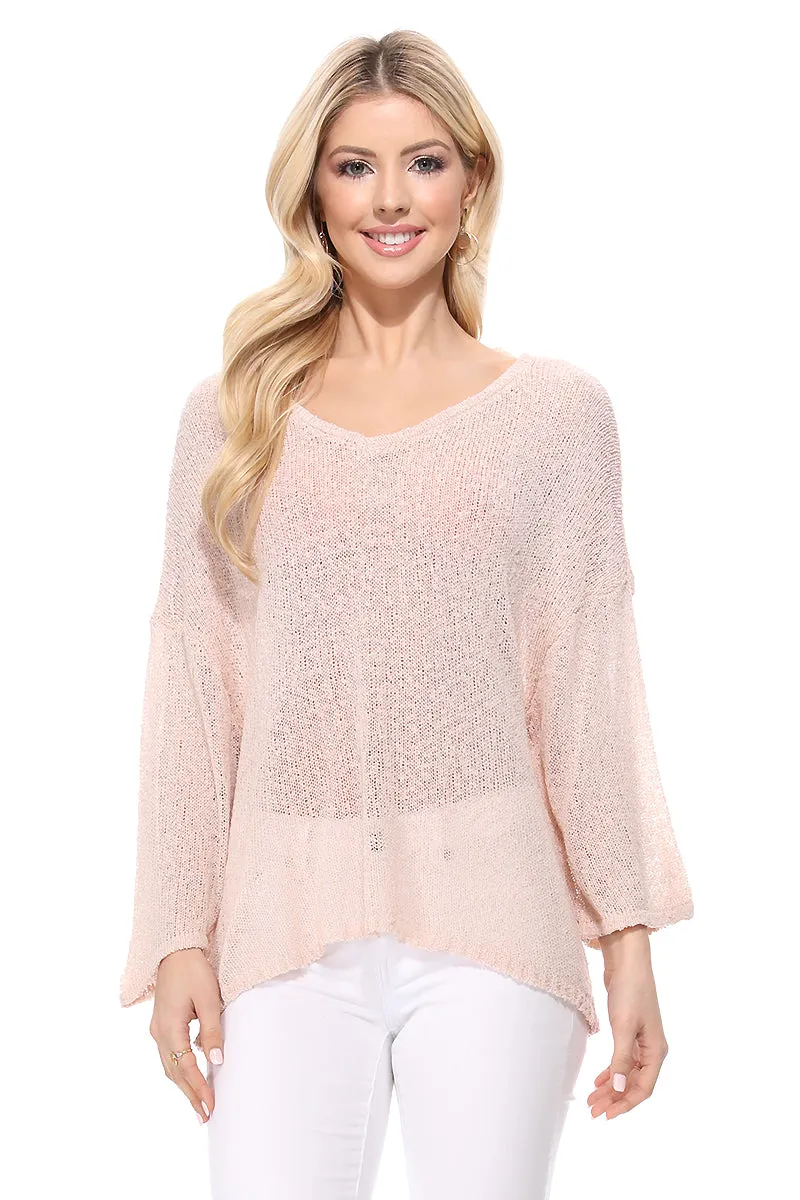 Yemak Women's Semi Sheer Open Back Batwing Sleeve Loose Knit Top MK3662