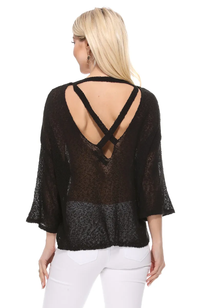 Yemak Women's Semi Sheer Open Back Batwing Sleeve Loose Knit Top MK3662